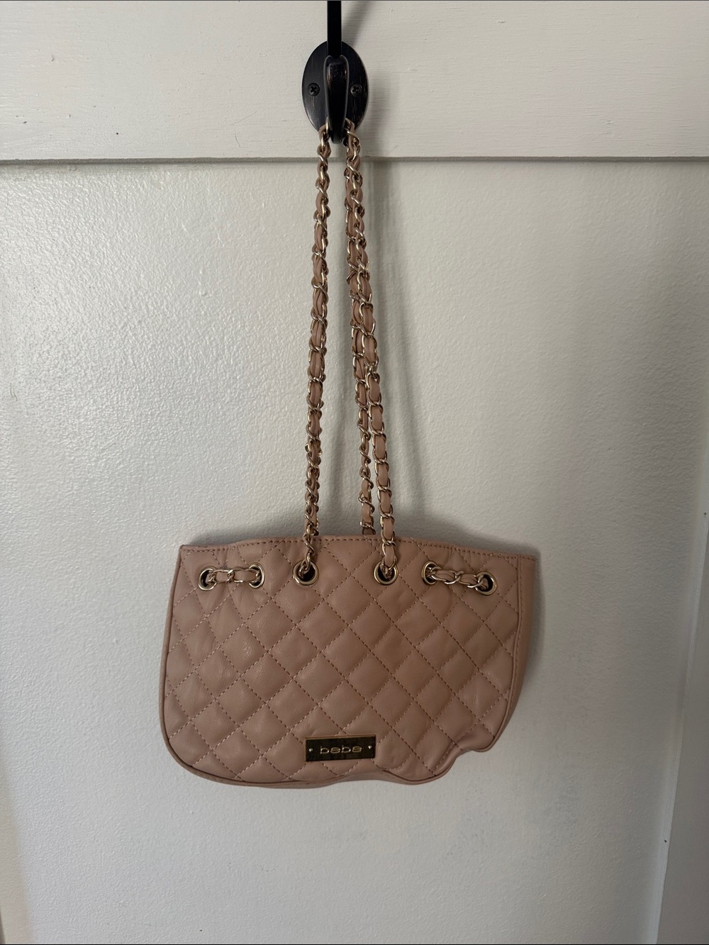 bebe Quilted Shoulder Bag in Nude Blush with Gold Chain Straps